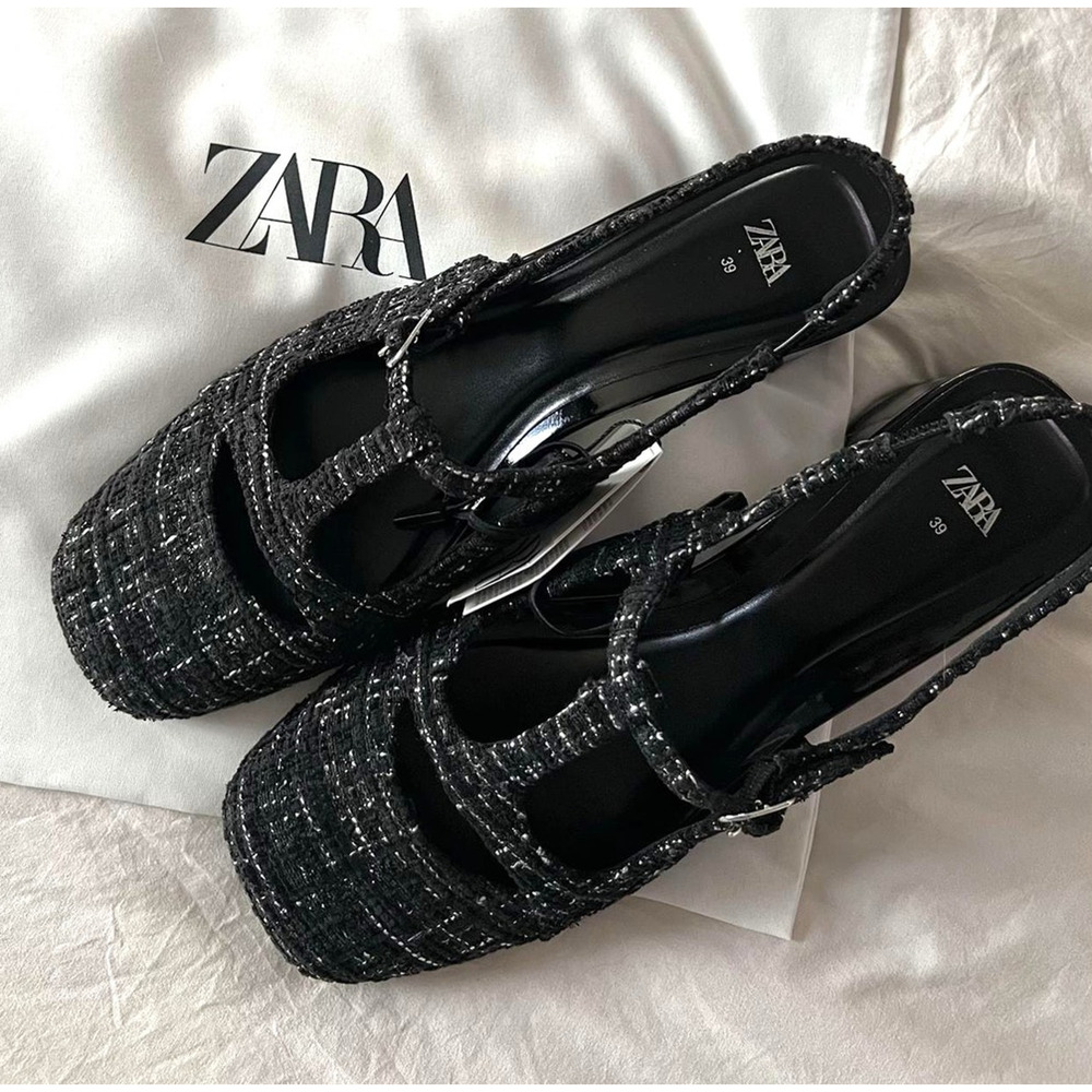ZARA Textured Slingbacks NWT 🖤 Tweed Fabric Block Heel Size 7.5 8 - Picture 6 of 16